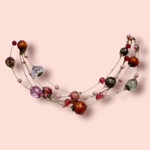 Vintage Cloisoinne Bead Hand Painted Wood Bead Wire Multi Strand Necklace